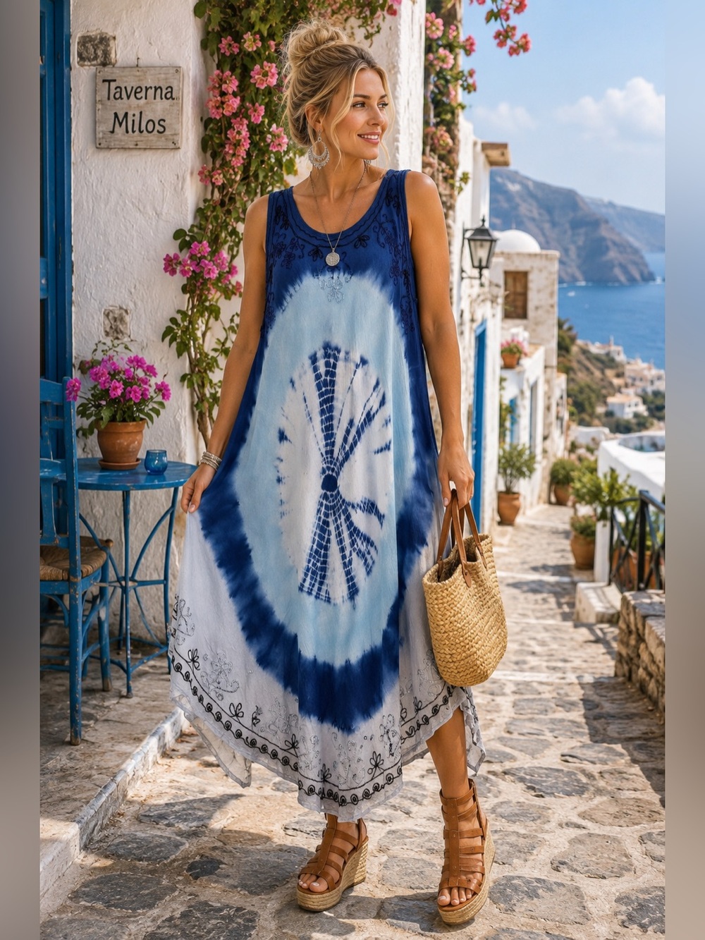 Ocean Breeze Free Size Blue Tie Dye Embroidered  Boho Maxi Dress Beach Cover Up